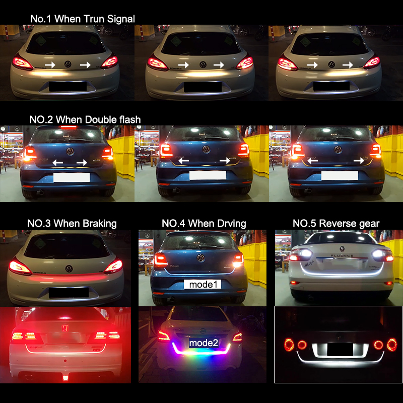 120CM 150CM Car Styling RGB LED Strip Lighting Rear Trunk Tail Light RGB Dynamic Streamer Brake Turn Signal Leds Warning Lights