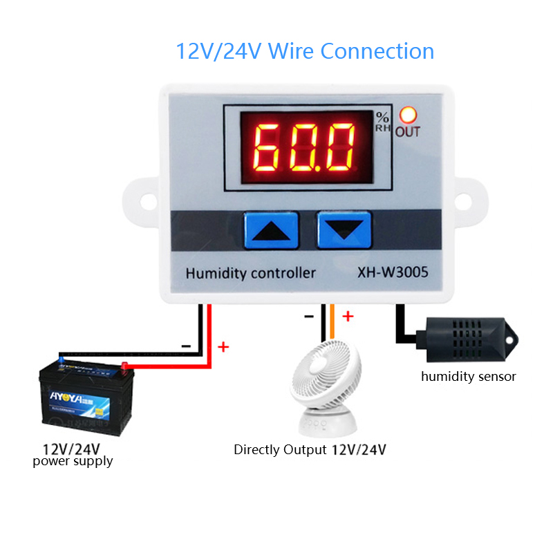 XH-W3005 Digital Humidity Controller 220V 12V 24V Hygrometer Humidity Control Switch 0~99%RH Hygrostat with Humidity sensor