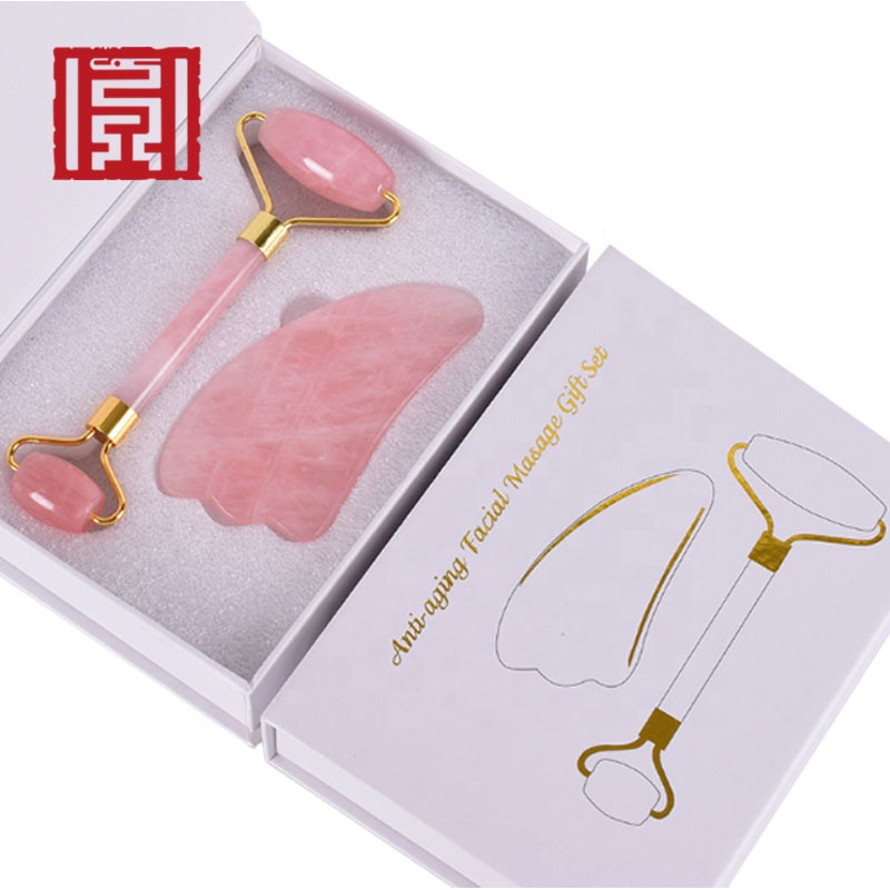 Custom Noiseless Rose Quartz Gua Sha Stainless Steel Rose Quartz Facial Roller Massager Tools