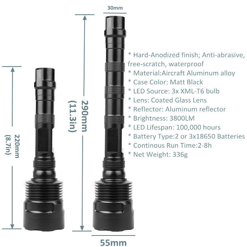 Aluminum Alloy 3000Lm T6 led 5Modes Anti-shock Potable Hunting Powerful Led Flashlight