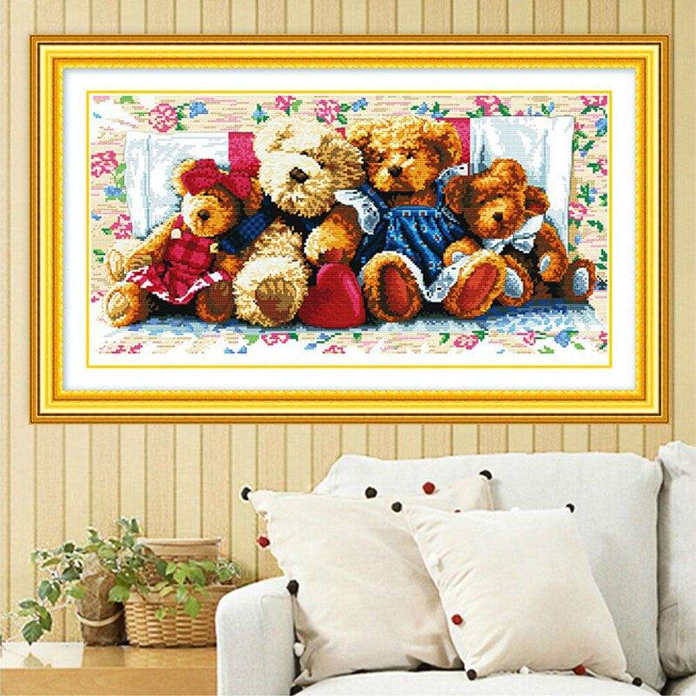 DIY Handmade Needlework Cross Stitch Kit Set Embroidery Precise Printed Bear Family Design Cross-Stitching Home Decoration