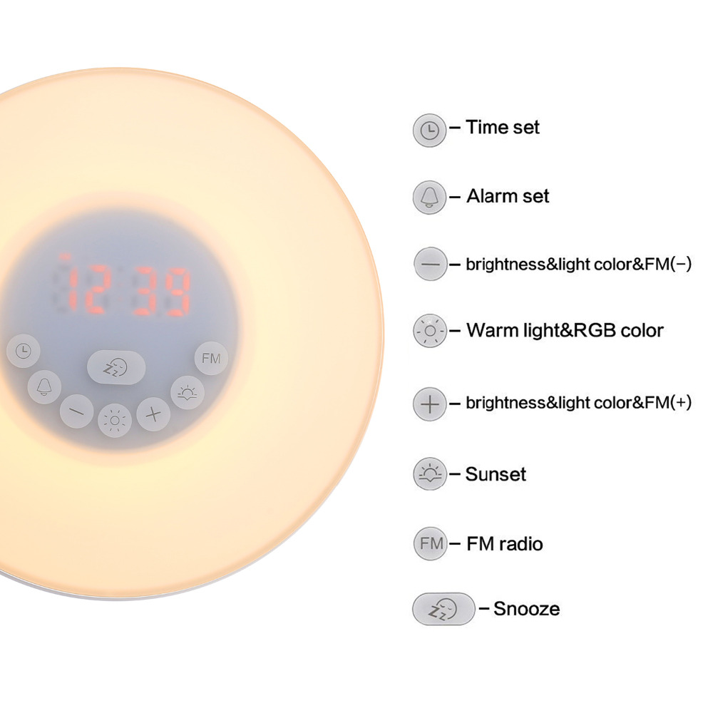 Sunrise Simulation Wake-up Light Alarm Clock Touch Sensor Color-changing RGB LED Lamp Digital LED Time Display with FM radio