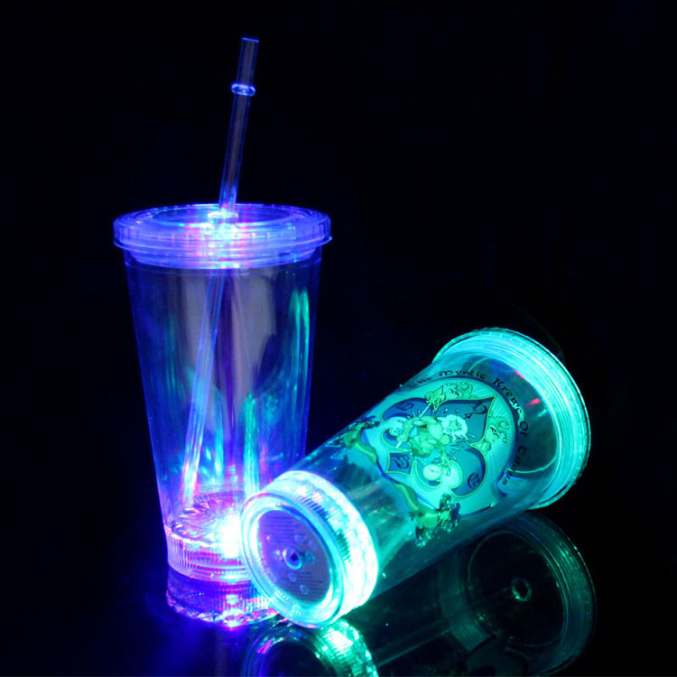 Festival LED Light up double wall plastic tumbler with straw for barware and party plastic cup