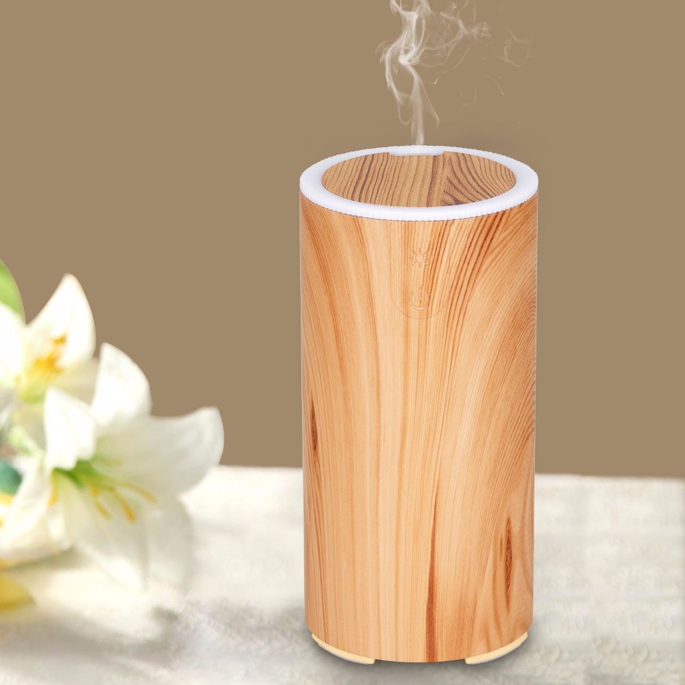 Portable Bamboo Car USB Humidifier,Ultrasonic Aroma Essential Oil Diffuser with Dark Wood Grain Light