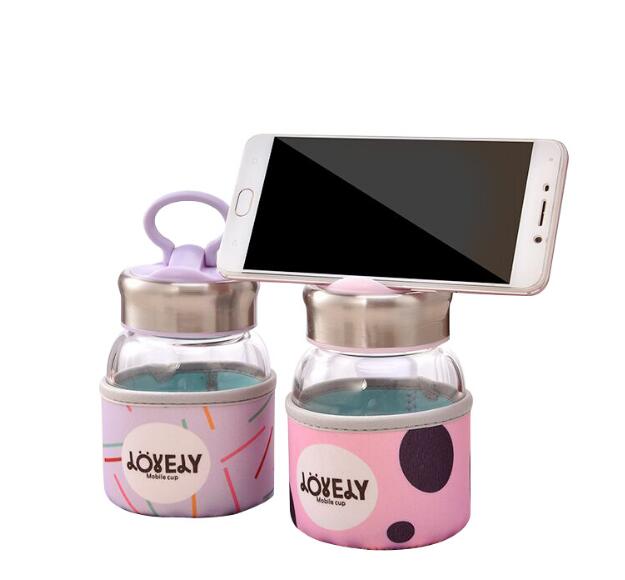 phone holder lids transparent mobile cup 320ml fancy glass bottle