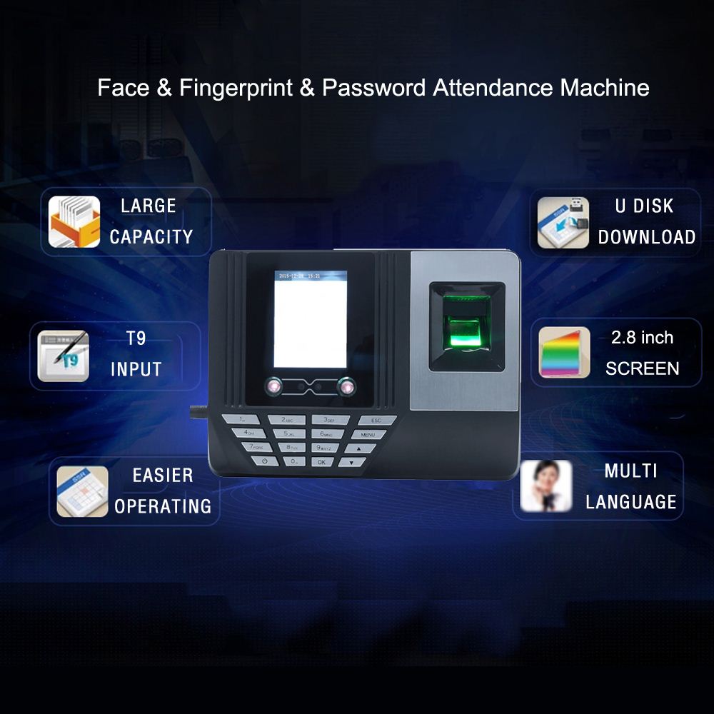 Face Fingerprint Password Attendance Machine Employee Checking-in 2.8 inch LCD Screen Facial Recognition Time Attendance Clock
