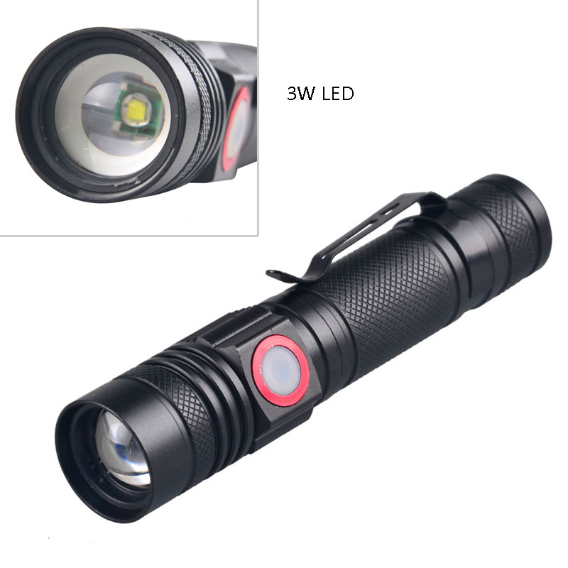 Bright 3 modes Lighting USB Torch 3W LED Flashlight Zoomable Led USB Rechargeable Flashlight with Clip