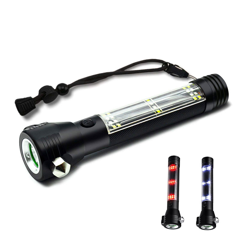 Solar Car Flashlight LED COB Light USB Safety Hammer  Tactical  Emergency Tool Flashlight with Window Breaker Seat Belt Cutter