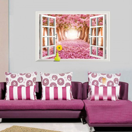 3d Fake Window Cherry Tree Street Wall Stickers