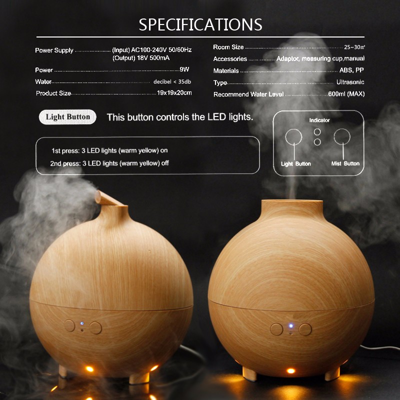 600ML Large Capacity More than 12H Duration 3pcs of LED lights Wooden Design Light & Dark Color