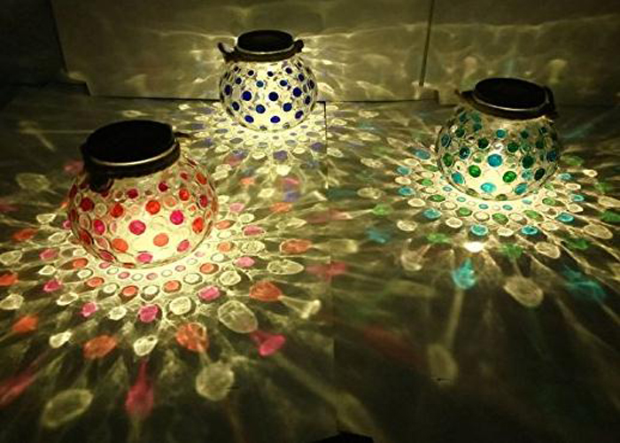 GoldMore Solar Powered Mosaic Glass Jar Ball LED Hanging Lights,Color Changing Outdoor Solar Night Lights Lamps For Decorations