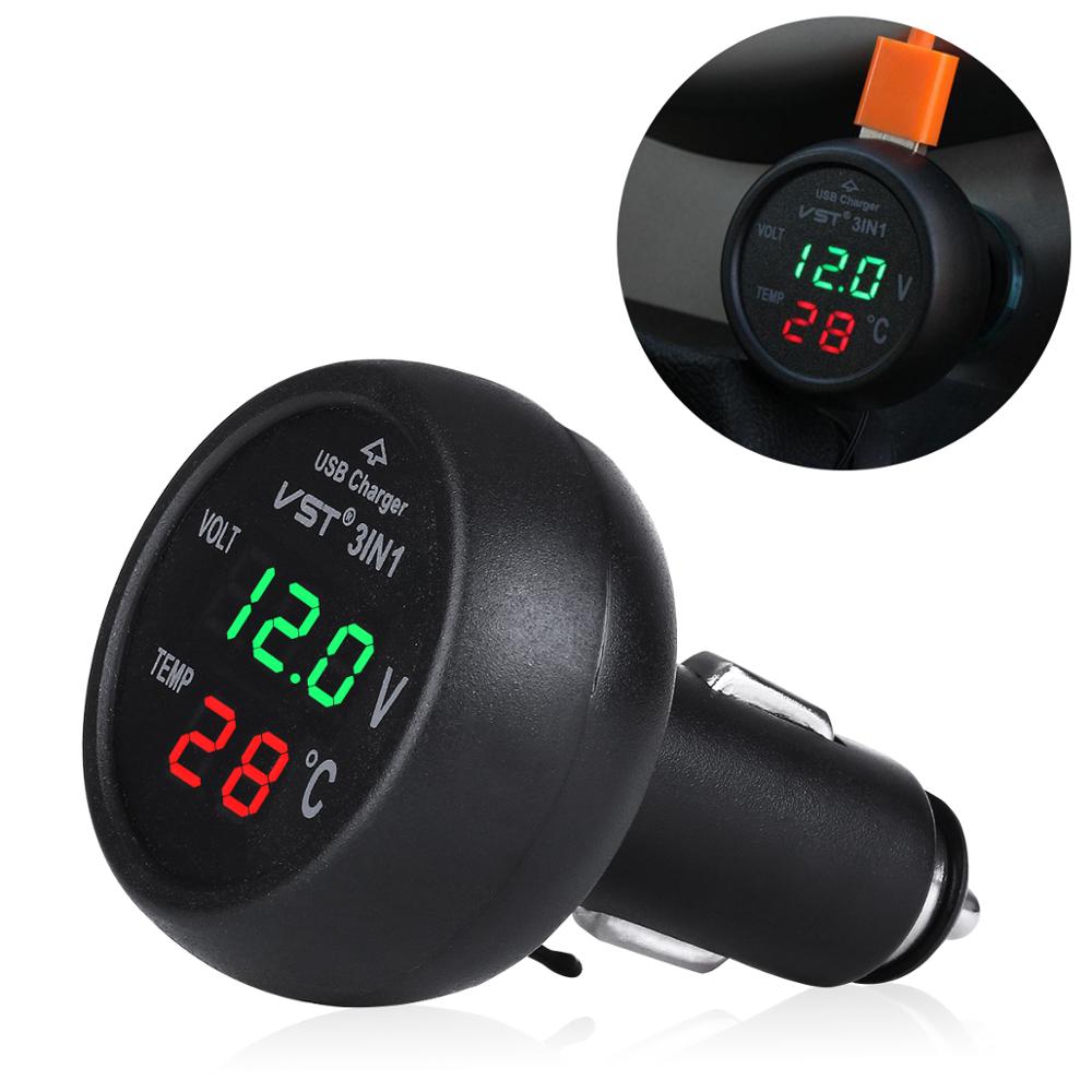 3 in 1 Digital LED Car Cigarette Lighter Charger Voltmeter Thermometer Car Truck USB Charger 12V 24V Temperature Meter Voltmeter