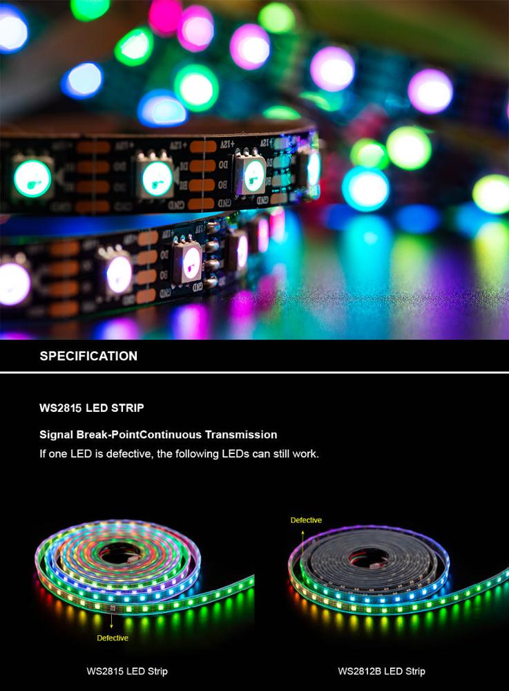 DC12V WS2815 pixel led strip light,Addressable Dual-signal Smart,30/60 pixels/leds/m Black/White PCB,IP30/IP65/IP67