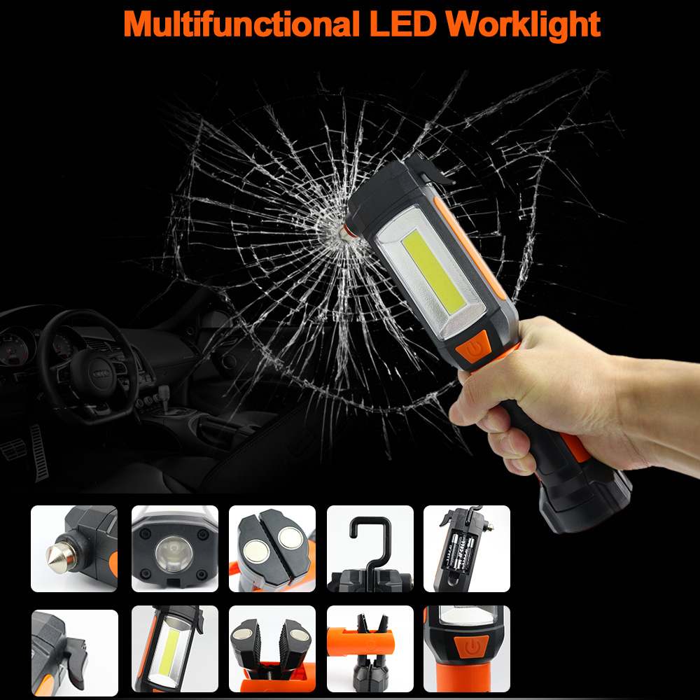 LED COB Inspection Lamp Work Light Flexible Torch Magnetic With Safety Hammer