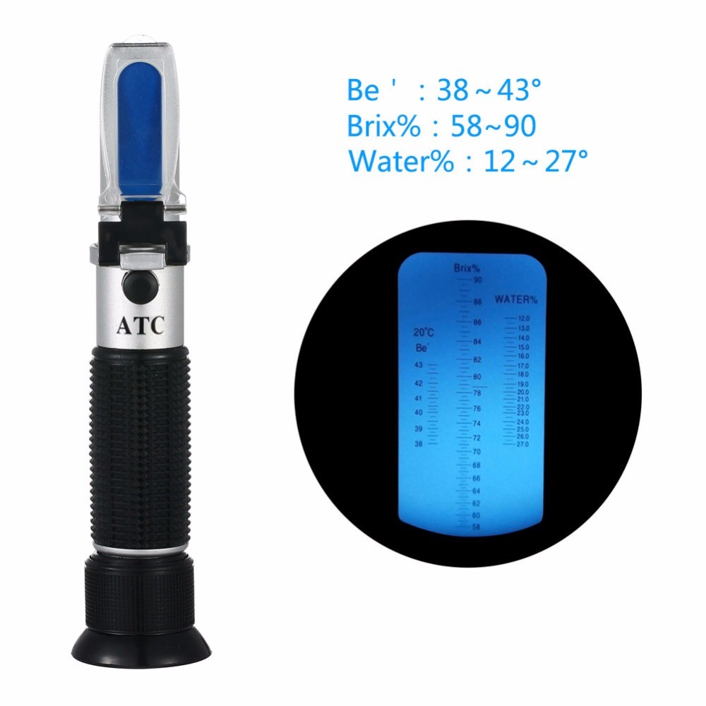 Portable Refractometer for Honey Honey Bee Tester 58-90% Brix / 38-43 Be '(Baume) / 12-27% Water Range of the tri-scale Measurem