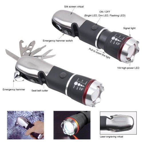 Outdoor Zoom Tactical LED Flashlight Lamp Torch With Multi-tool Set Glass Breaker Cutter Knife Scissor Opener Screwdriver Wrench