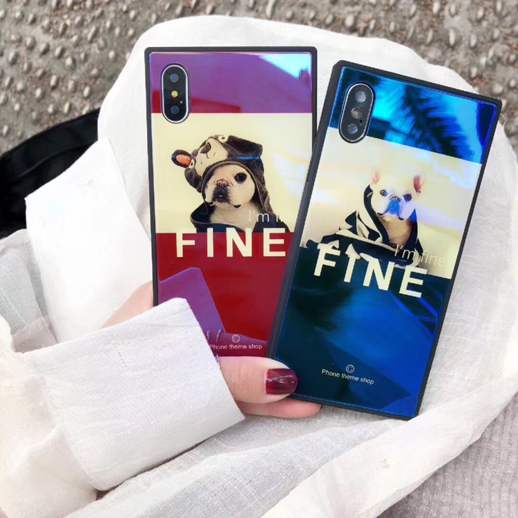 For iPhone 8 Plus Square Tempered Glass Phone Case for iPhone X with Cute Dog Pattern Blue Light