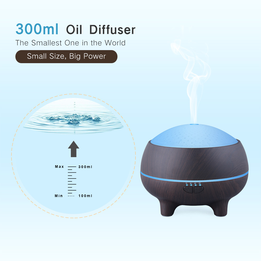 Colorful Lights Wood Grain Aroma Essential Oil Diffuser Humidifier 300ml Cool Mist with 4.0 Bluetooth Speaker