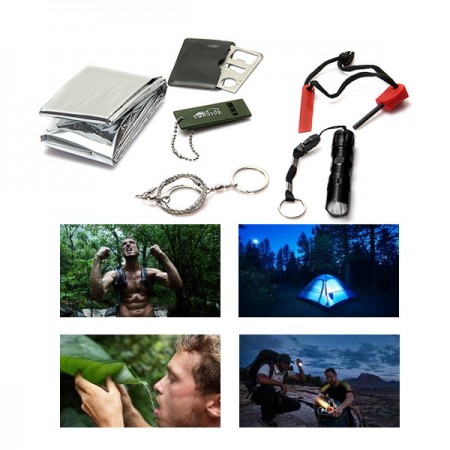 6in1 Survival Kit Gear Set Outdoor Whistle Fire Starter Wire Saw Flashlight