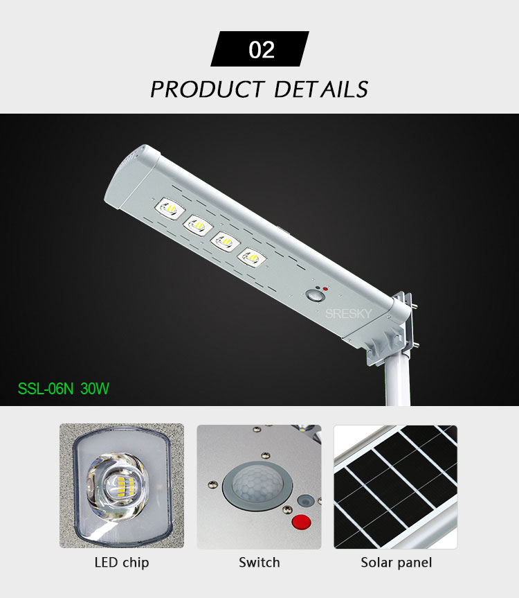 30W Outdoor lighting solar led exterior street light pole specifications