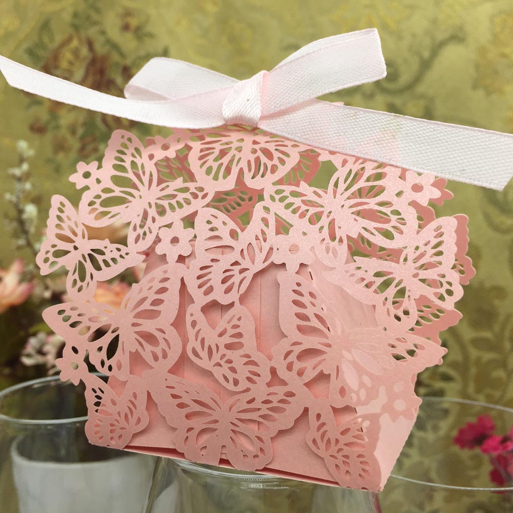20pcs Romantic Wedding Party Decor Butterfly DIY Candy Cookie Gift Boxes Bags Wedding Birthday Candy Box with Ribbon 2 Colors