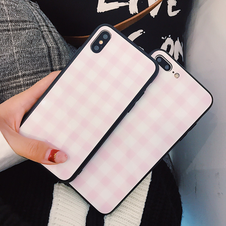 Checked Tempered Glass Cell Phone Case for iPhone 8 7 plus , for iPhone X Plaid Case