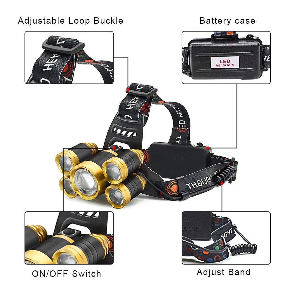 TOPCOM Super Bright USB Rechargeable Headlamp 18650 Battery Waterproof 5 LED Headlight Outdoors Headlamp