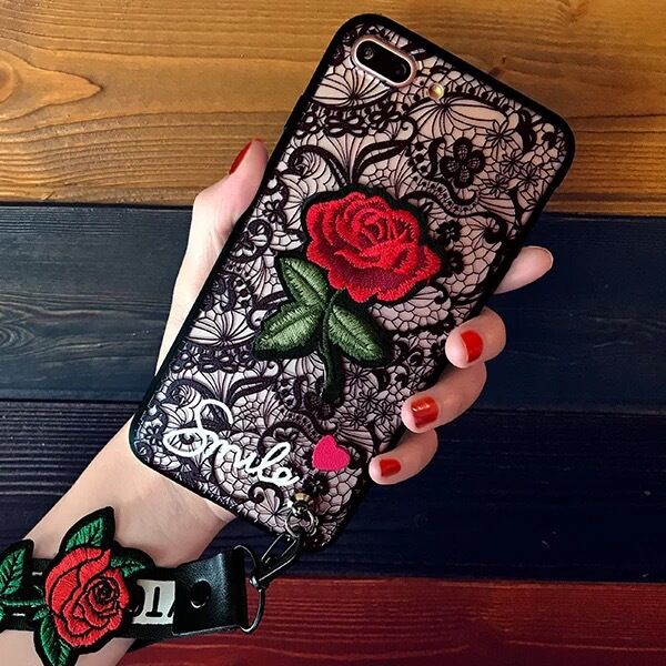 Rose Mobile Phone Embroidery Case with Lanyard for iPhone 8 7 6 Plus for Apple iPhone X Full Protective Silicone Case Lace