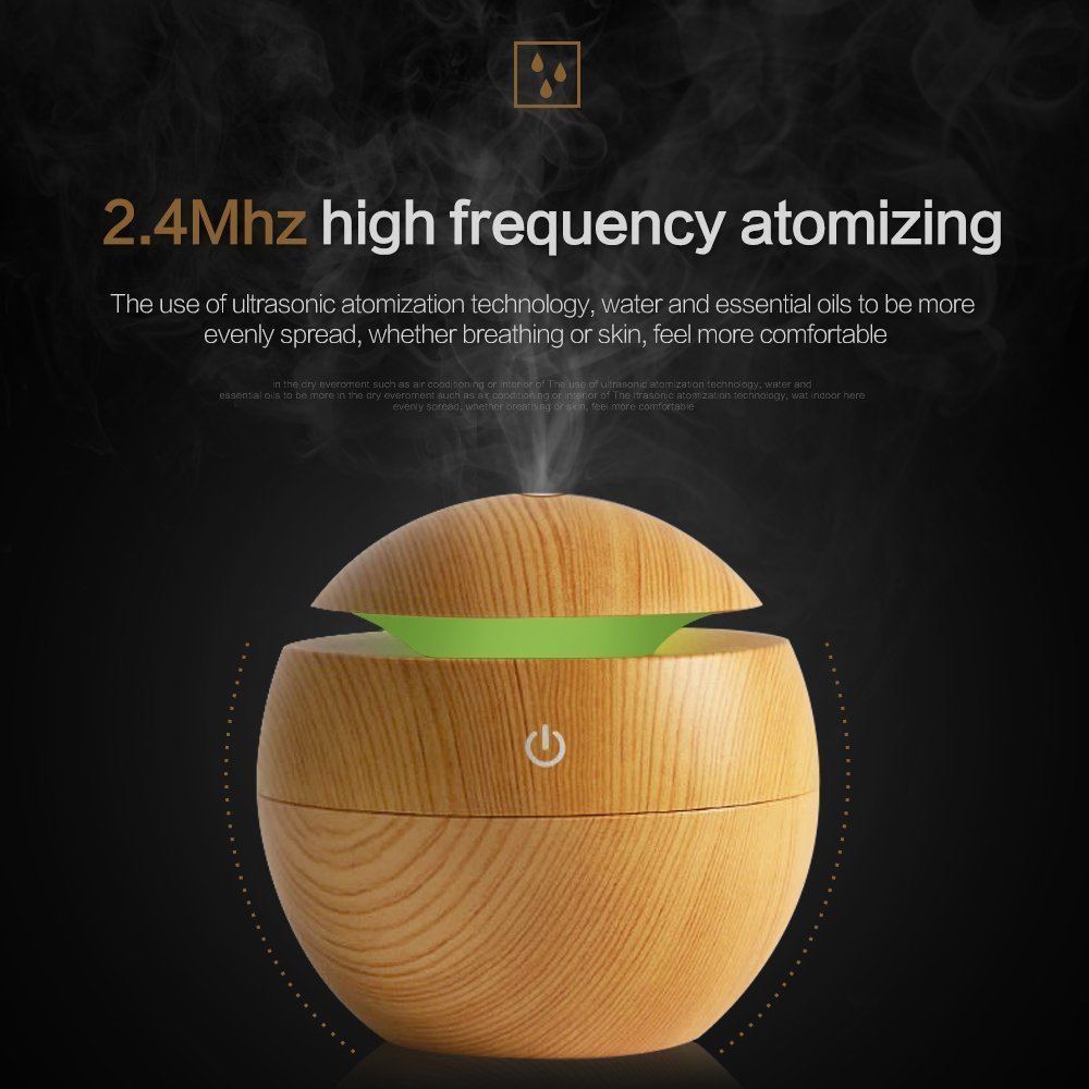 Multi Color LED Light Wood Grain Ultrasonic 130ml Cool Mist Humidifier