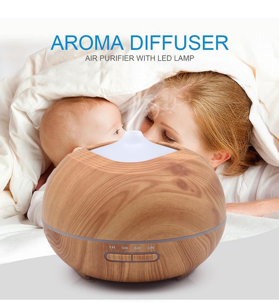 Aroma Diffuser For Essential Oils, Aromatherapy Ultrasonic Cool Mist Humidifier-Wood Grain-Soothing Color Night Light