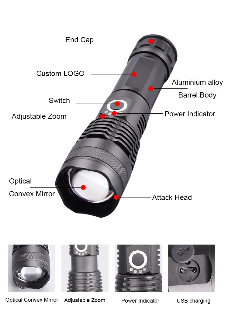 Professional 5 Modes Super Bright Zoom Rechargeable Portable LED Torch Tactical Flashlight Custom Logo