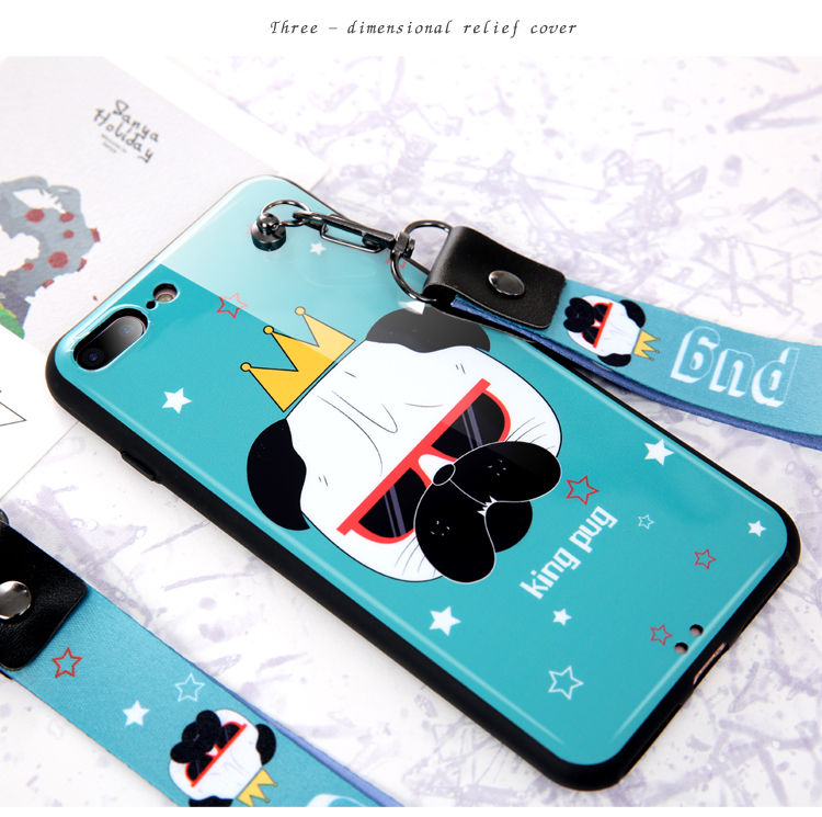 IMD Queen King Pug Dog Rubber Mobile Phone Shell for iPhone X , for iPhone 8 Plus Case with Lanyard Animal