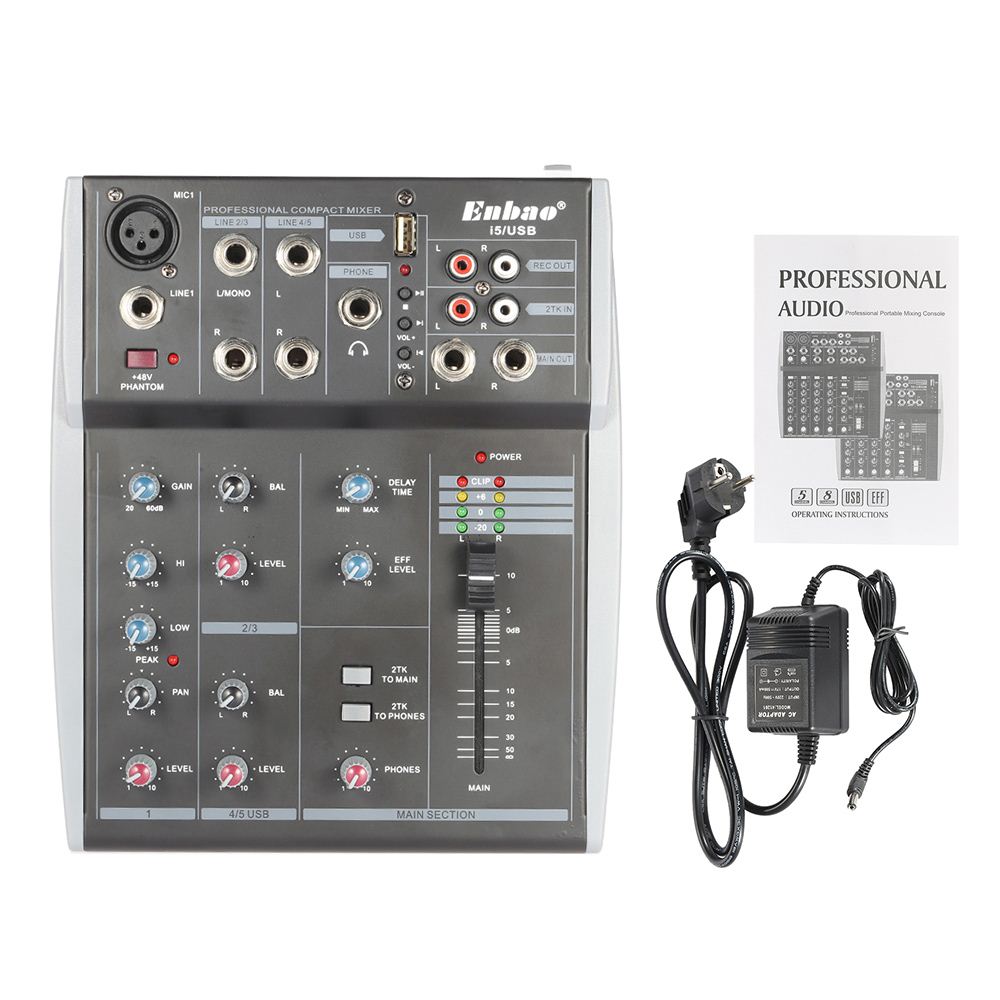 Portable 5 Channels Music Audio Mixer Mixing Console 2-Band EQ with USB XLR LINE Input 48V Phantom Power for DJ Stage Karaoke