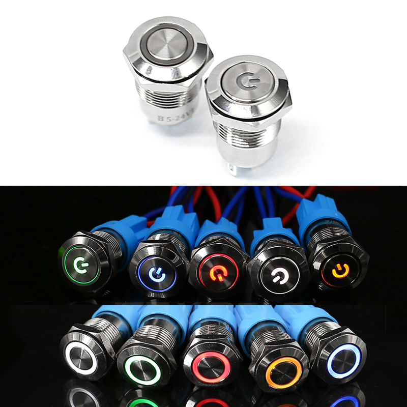 12mm LED Light Metal Push Button Switch 5 Colors 4 Pin annular Car power signal Power Button Switch 3V 6V 12V 24V 220V