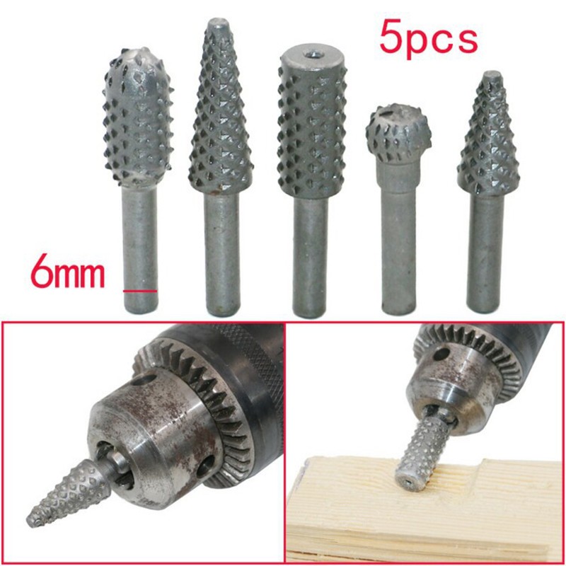 5pc Set Rotary Rasp File 1/4 Shank Burr File Rasp Woodworking Drill Bits Hss Rotary File Wood Drilling Carving Artifact Tool P2