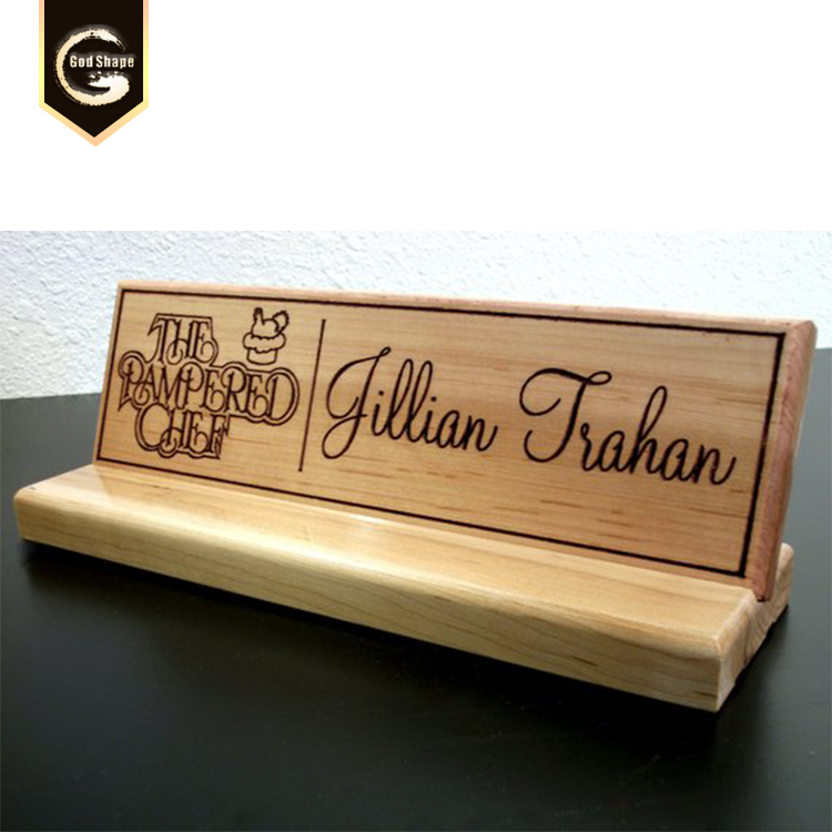 GS china suppliers tabletop name plate sign wood base brushed stainless steel metal plate sign