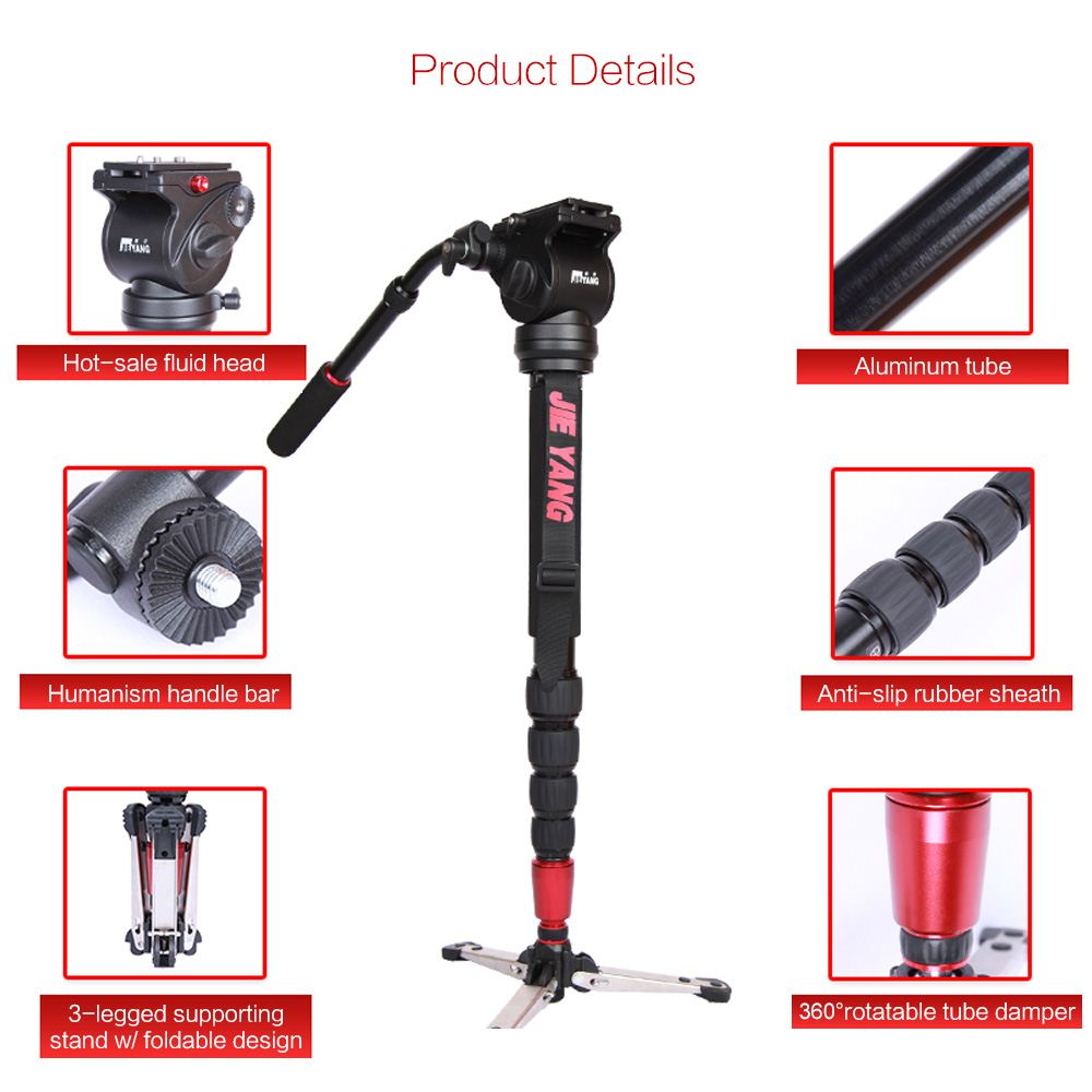 JY0506 Professional Monopod Aluminum Alloy with Fluid Head for ILDC DSLR Camera Camcorder DV Pocket Camera Max Load Capacity 4kg