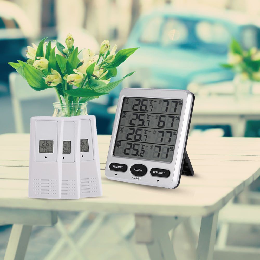 LCD Thermostat Digital Wireless 8-Channel Indoor/Outdoor Thermo-hygrometer with Three Remote Sensors Thermometer Alarm Function