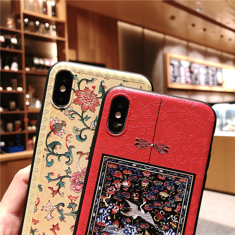 Red Chinese Style 3D Relief Print Crane Cell Phone Case for iPhone Xs Max 6.5 Inch , for iPhone XS Case TPU