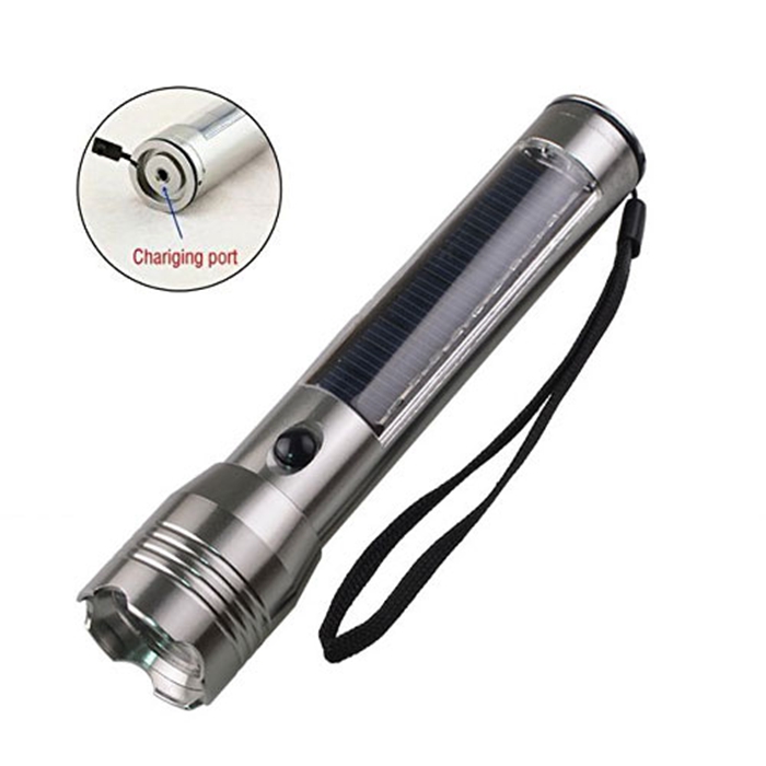 Handheld Silvery Aluminum Alloy Hunting Solar Led Flashlight USB Charger Waterproof For Camping