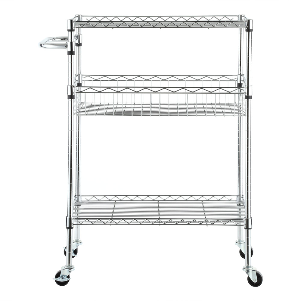 Storage Rack Shelf Multifunctional 3-Tier Wire Rolling Cart Storage Rack Shelf with Basket for Kitchen Restaurant 24*14*33