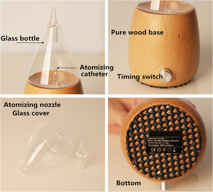 Hidly Hot Sale Glass Wood Aroma Diffuser with Electric Nebulizer and LED Mood Lighting NO Heat Water