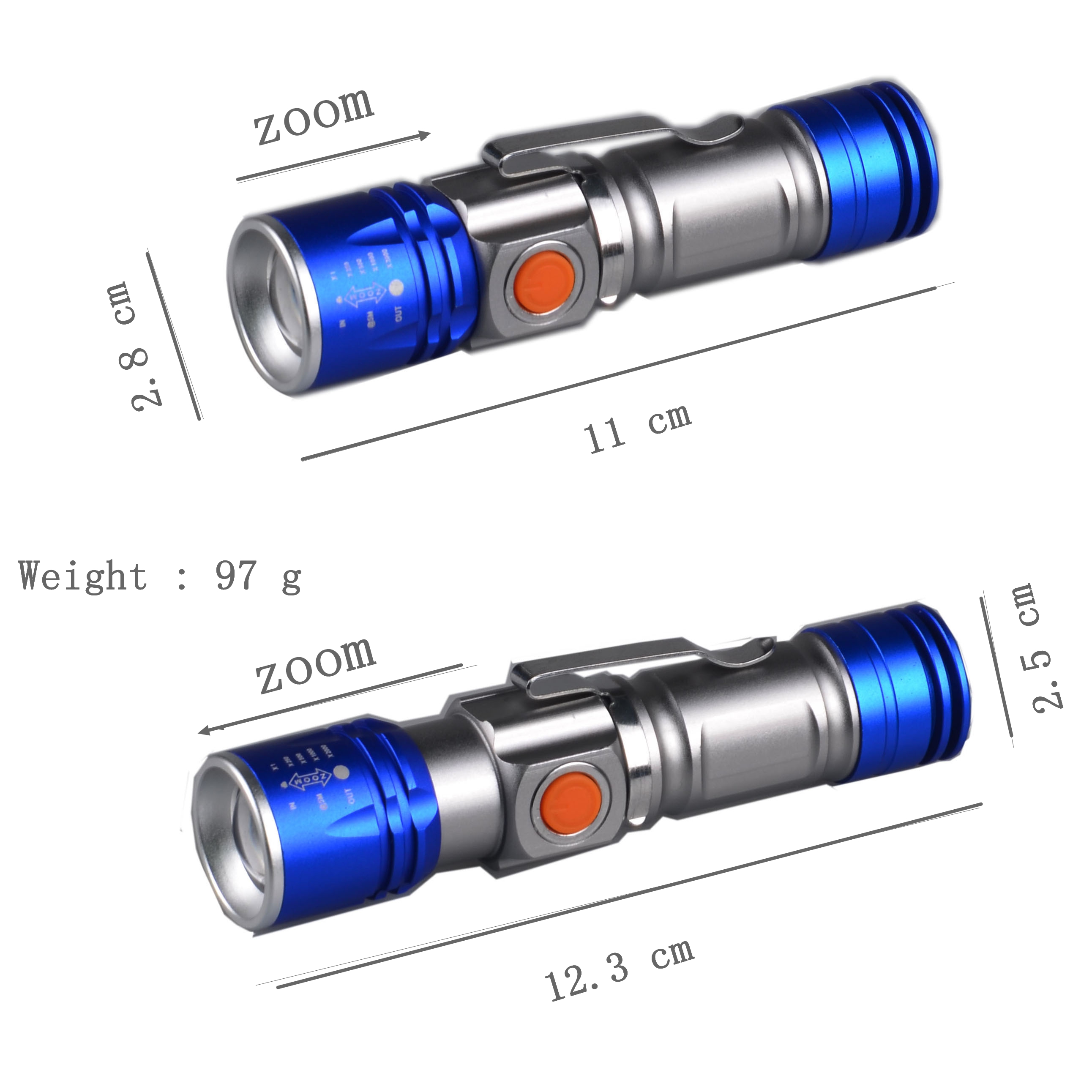 3W Q5 Mini Handle Zoom USB Rechargeable LED Torch with USB Charger