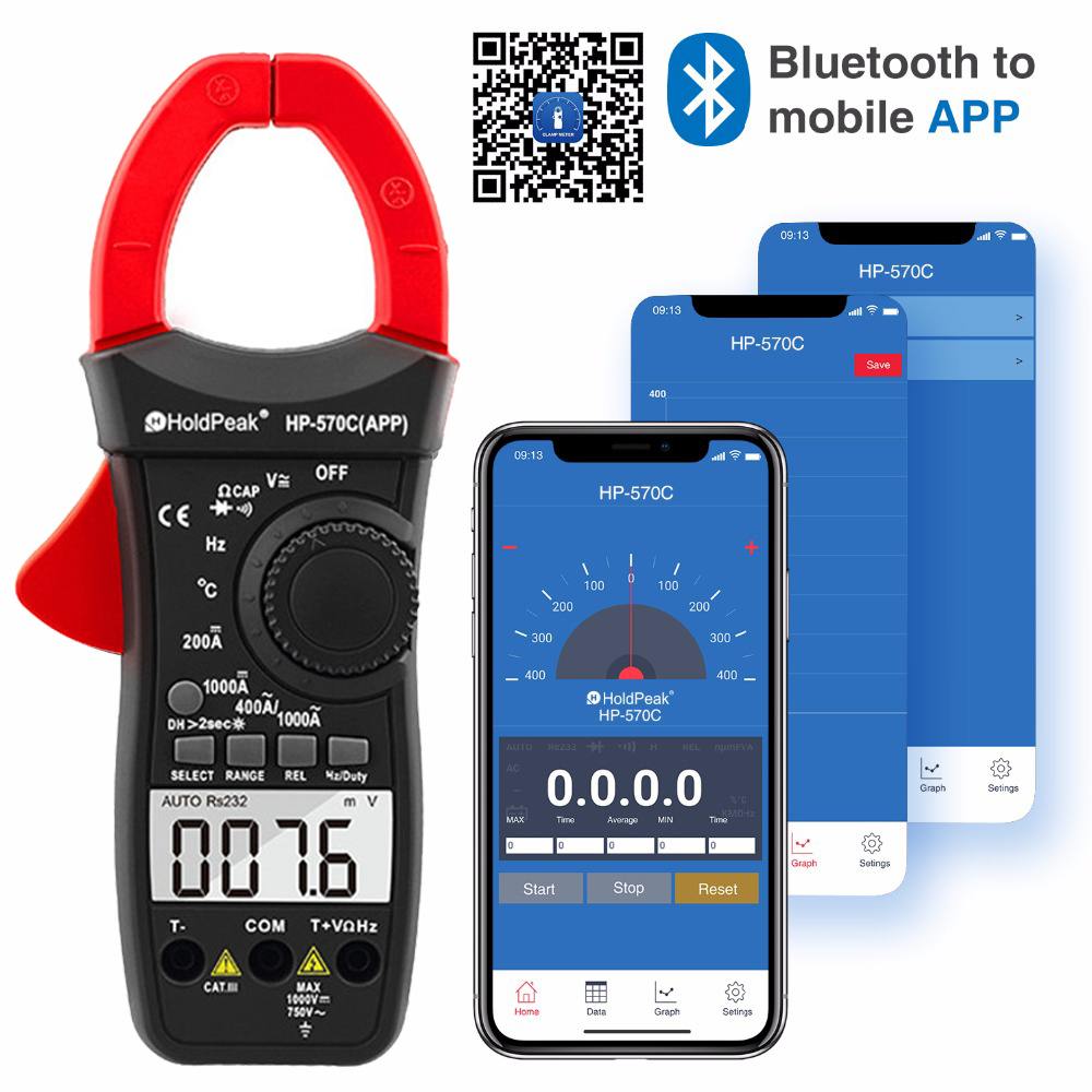 HoldPeak HP-570C-APP Digital Clamp Multimeter 1000A AC/DC Current Voltage Capacitance Temperature Meter Connect to Phone Tester