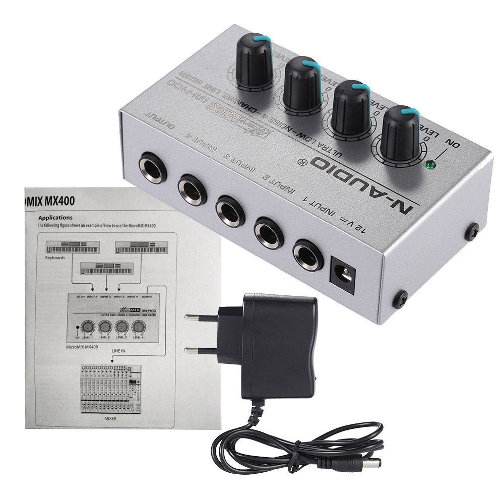 MX400 Ultra-compact Low Noise 4 Channels Line Mono Audio Mixer with Power Adapter