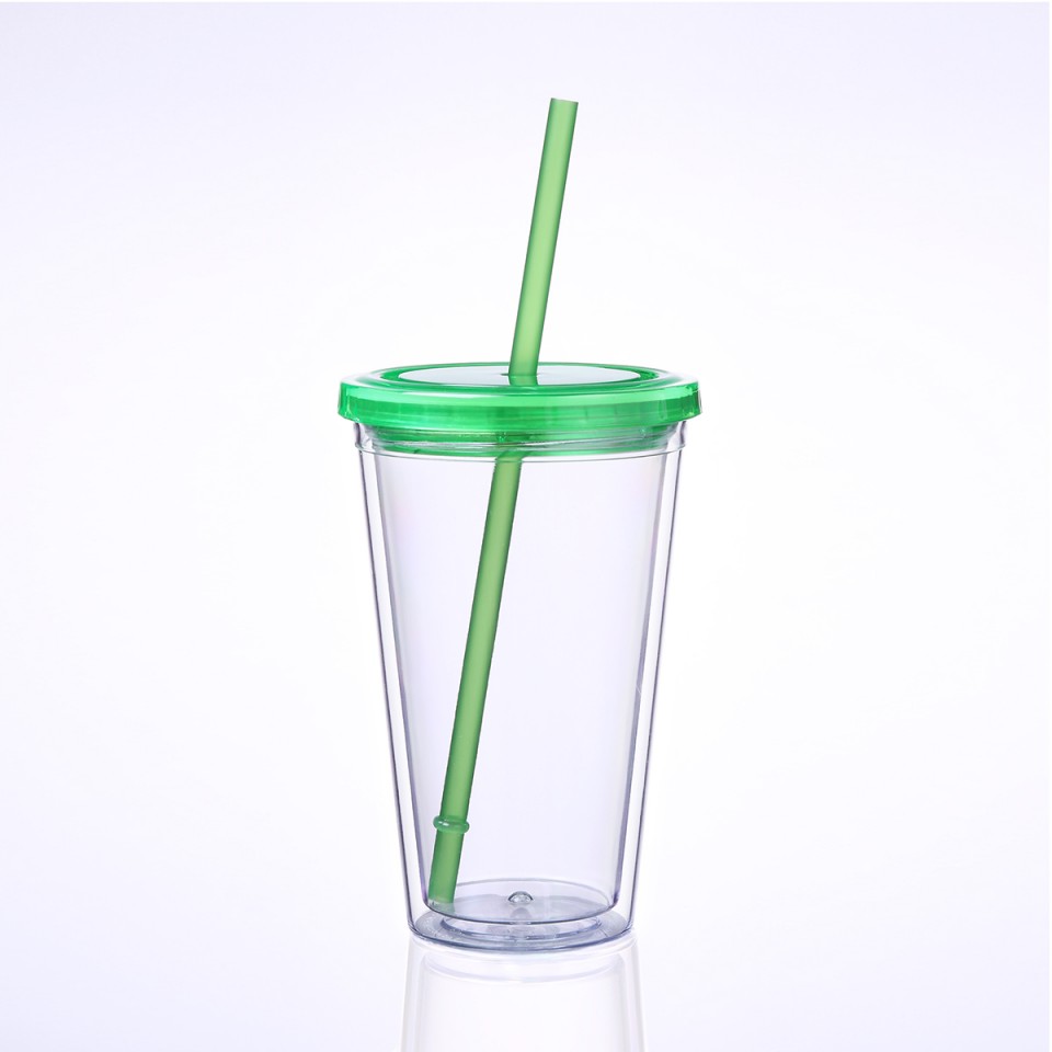 16oz double wall transparent AS plastic shiny LED light straw cup,plastic tumbler with straw and LED light