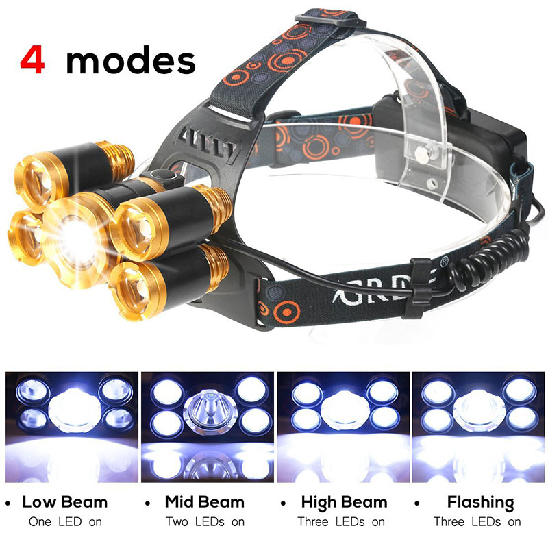 Aluminum 5000 6000 Lumen Bright Head Lamp Zoomable 5pcs LED Rechargeable High Power Headlamp