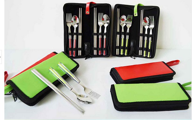 High quality 304 stainless steel spoon fork chopsticks sets for double people/Portable travel cutlery set 6pcs