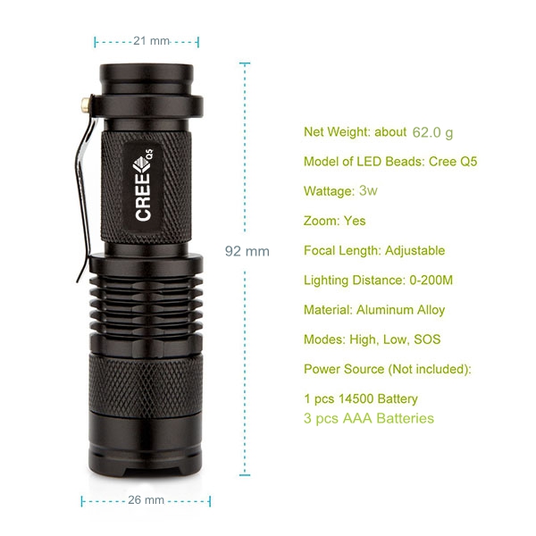 XP-E 3W Led 300 Lumens mini Flashlight Zoomable Torch AA