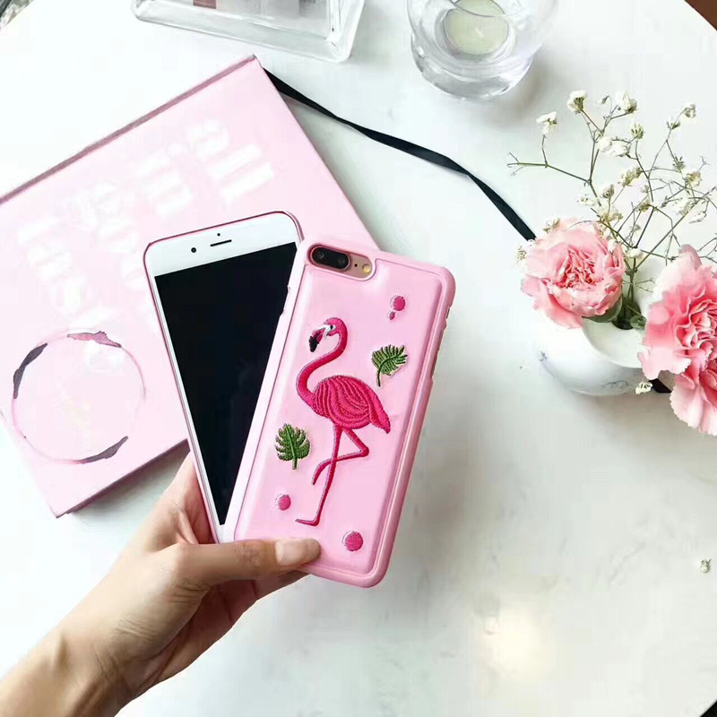 Korean Pink Flamingo Pattern Leather Hard Cell Phone Case for iPhone 6 7 plus, for Apple iPhone 7 Embroidery Case